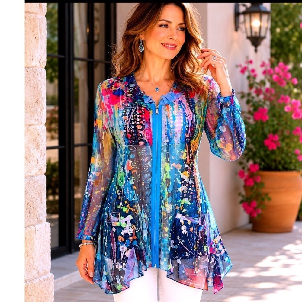 Fleur de Lis Collection Sheer Mesh Abstract Art Print Zip Front Tunic Top XL